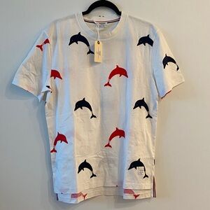 Thom Browne White Tee with Red and Black Dolphin Print